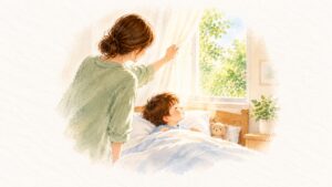 大人がカーテンを開け、朝の光の中でベッドの子どもが目を覚ましかけている