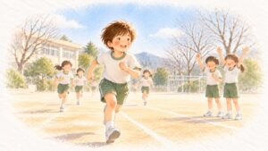 冬の校庭で、小学生の男の子が笑顔で走り、友だちが両手を上げて応援している