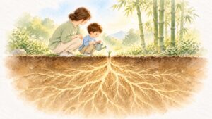 子どもの便秘はいつまで続く？小さな竹の芽の下に、大きく広がる根を描いた水彩。親子が芽に水をやっている