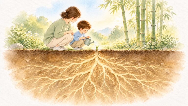子どもの便秘はいつまで続く？小さな竹の芽の下に、大きく広がる根を描いた水彩。親子が芽に水をやっている