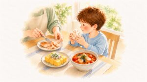 鮭フレークのおにぎりを手にする子どもと、ほぐした鮭・しらすの卵焼き・さばのトマト煮が並ぶ食卓
