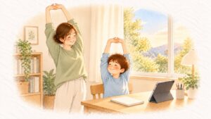 勉強机の前で、母と小学生の子が一緒に両手を組んで大きく伸びをしている