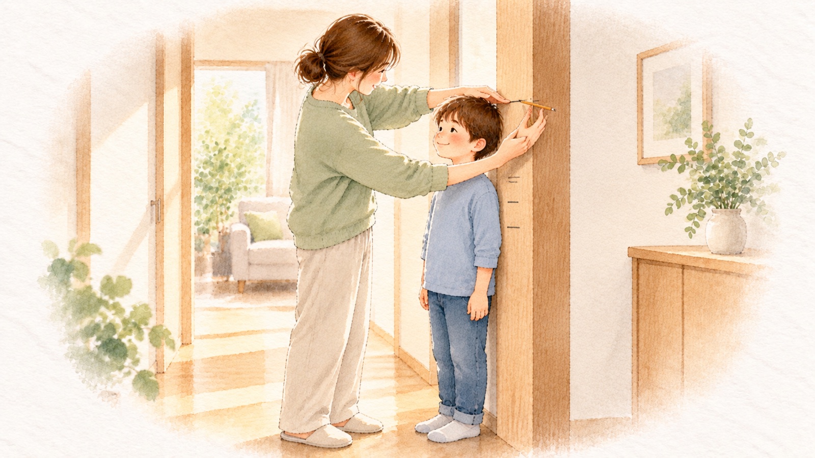 小学生の身長を伸ばす土台づくり。家の柱に背の高さの印をつける子どもと、笑顔で手を添える母