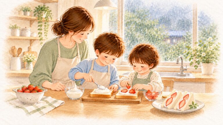 雨の日の台所で、母親と子ども2人がいちごサンドを一緒に作っている水彩画
