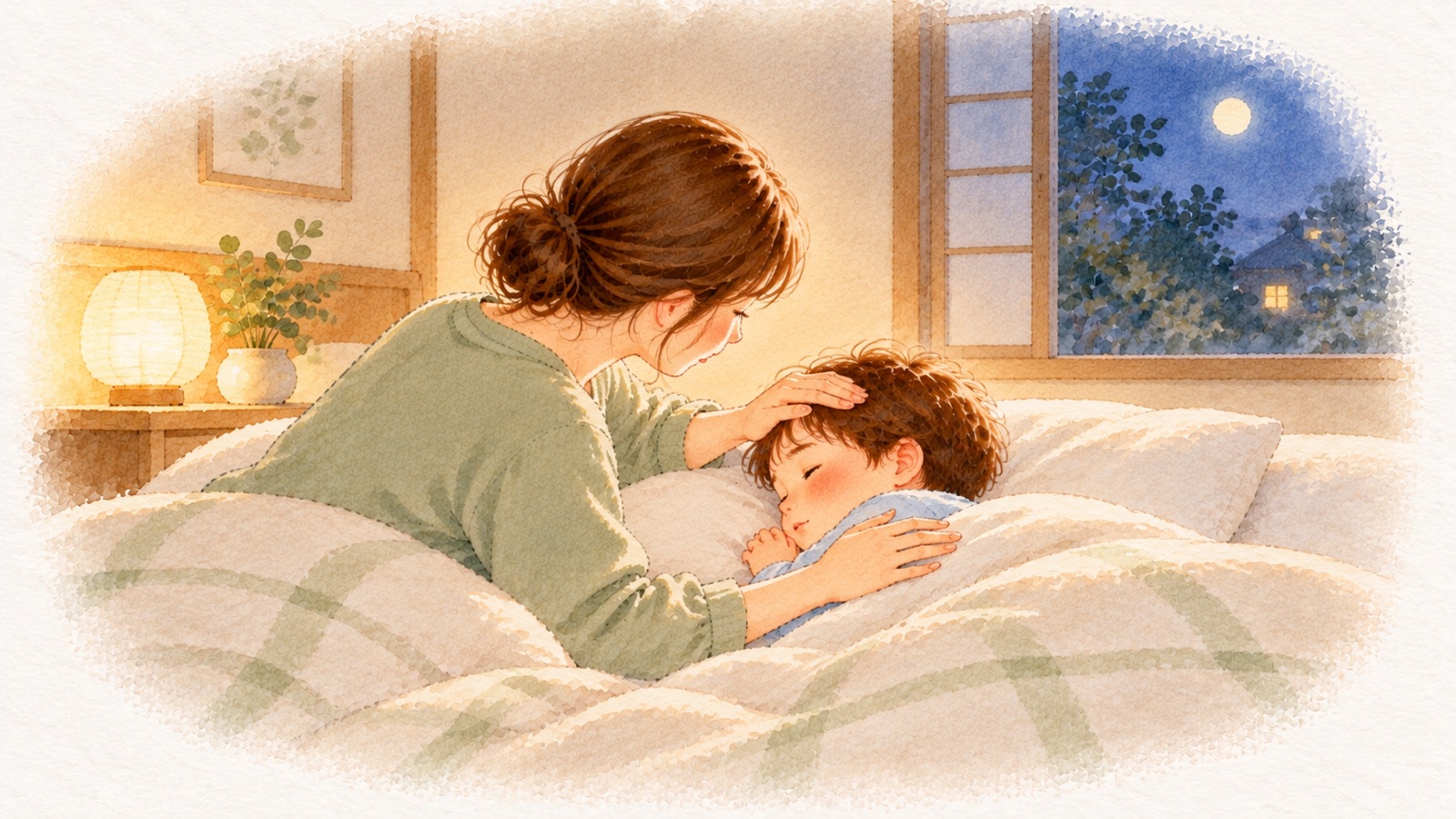 夜の寝室で、母親が眠そうな子どものおでこにそっと手を当て、背中にも手を添えている水彩画