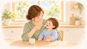 ひざの上の子どもに、小さなスプーンで「あーん」と飲ませるお母さん