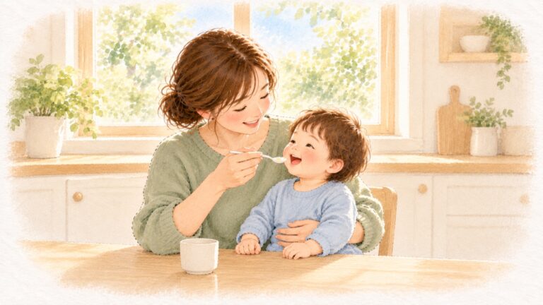 ひざの上の子どもに、小さなスプーンで「あーん」と飲ませるお母さん