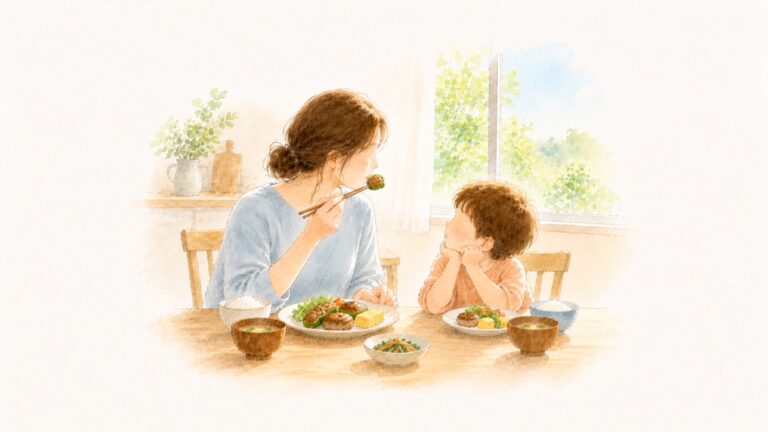ピーマンの肉詰めをおいしそうに食べる大人を、隣でじっと見る子ども