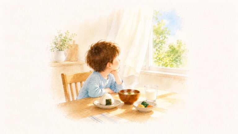 朝の光の中、湯気の立つお味噌汁と小さなおにぎりの前に座る子ども