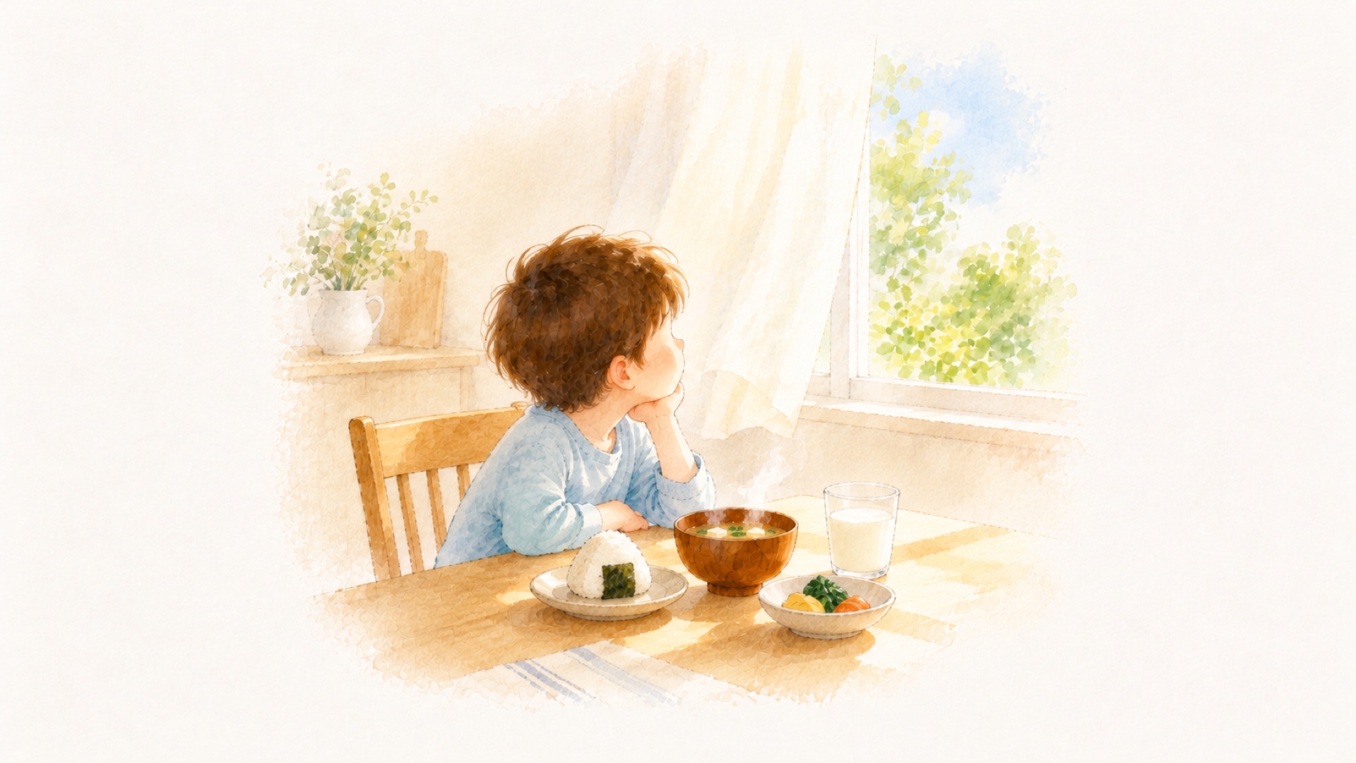 朝の光の中、湯気の立つお味噌汁と小さなおにぎりの前に座る子ども