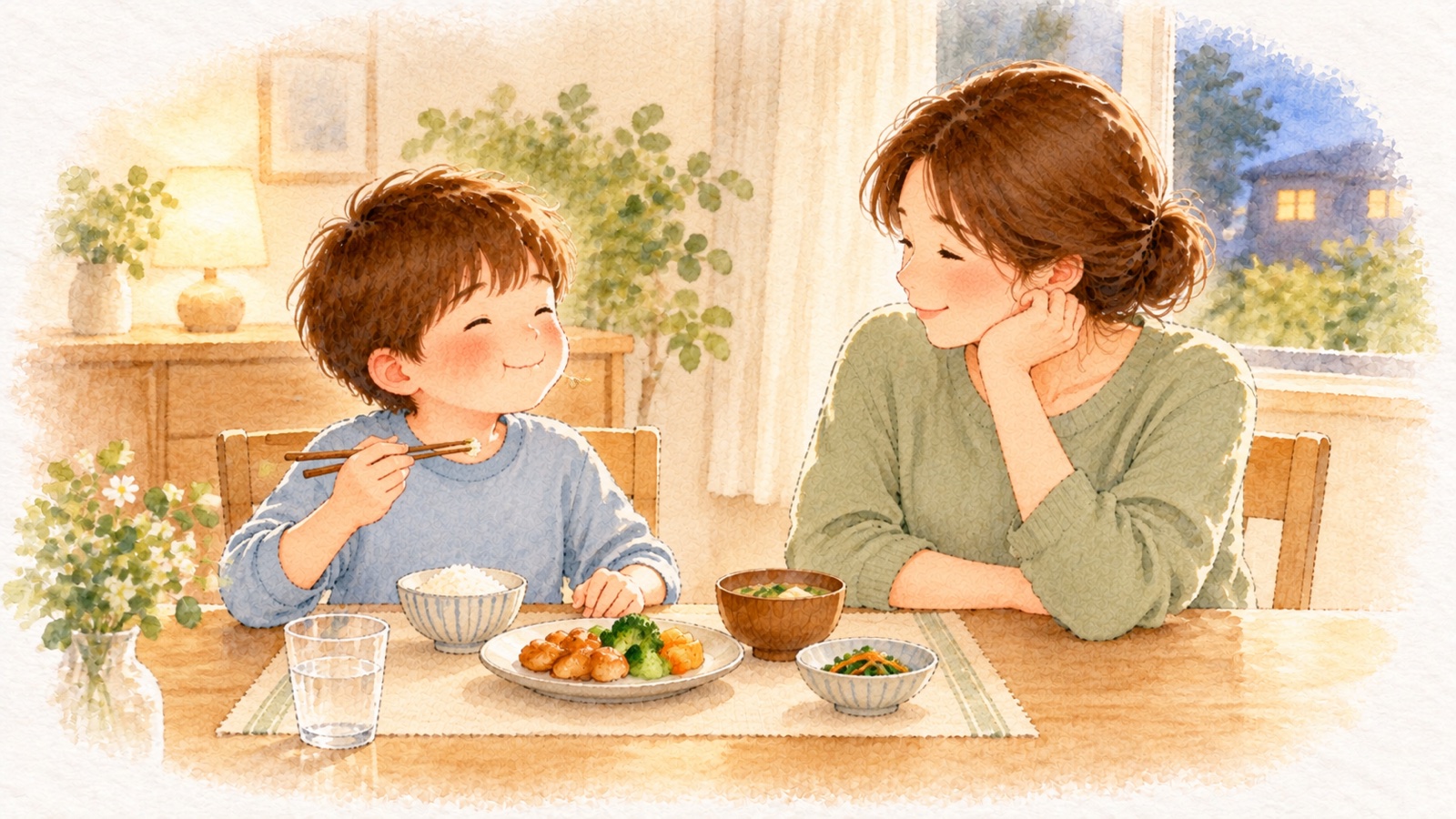 食べるのが遅い子に。ゆっくりよく噛んで食べる小学生を、母が隣で穏やかに見守っている