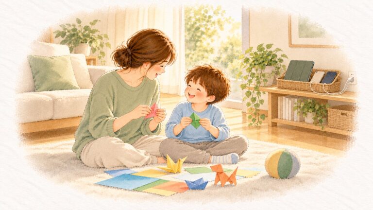 タブレットとスマホをかごに置いて充電し、リビングで母と小学生の子が笑いながら折り紙をしている