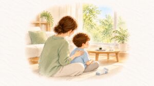 泣きやんだ子どもの背中を、床に座った大人がそっとさすっている午後のリビング
