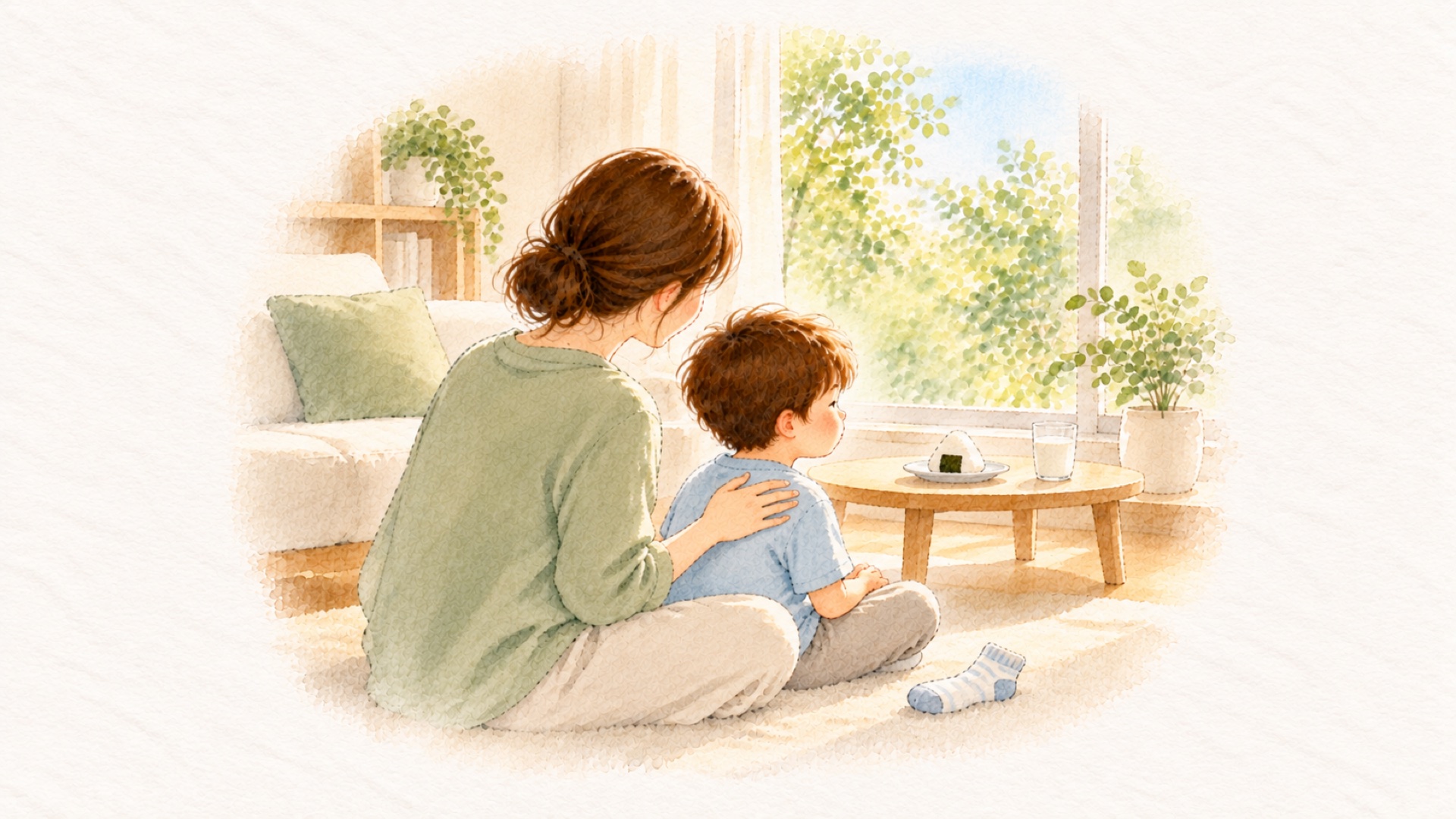 泣きやんだ子どもの背中を、床に座った大人がそっとさすっている午後のリビング