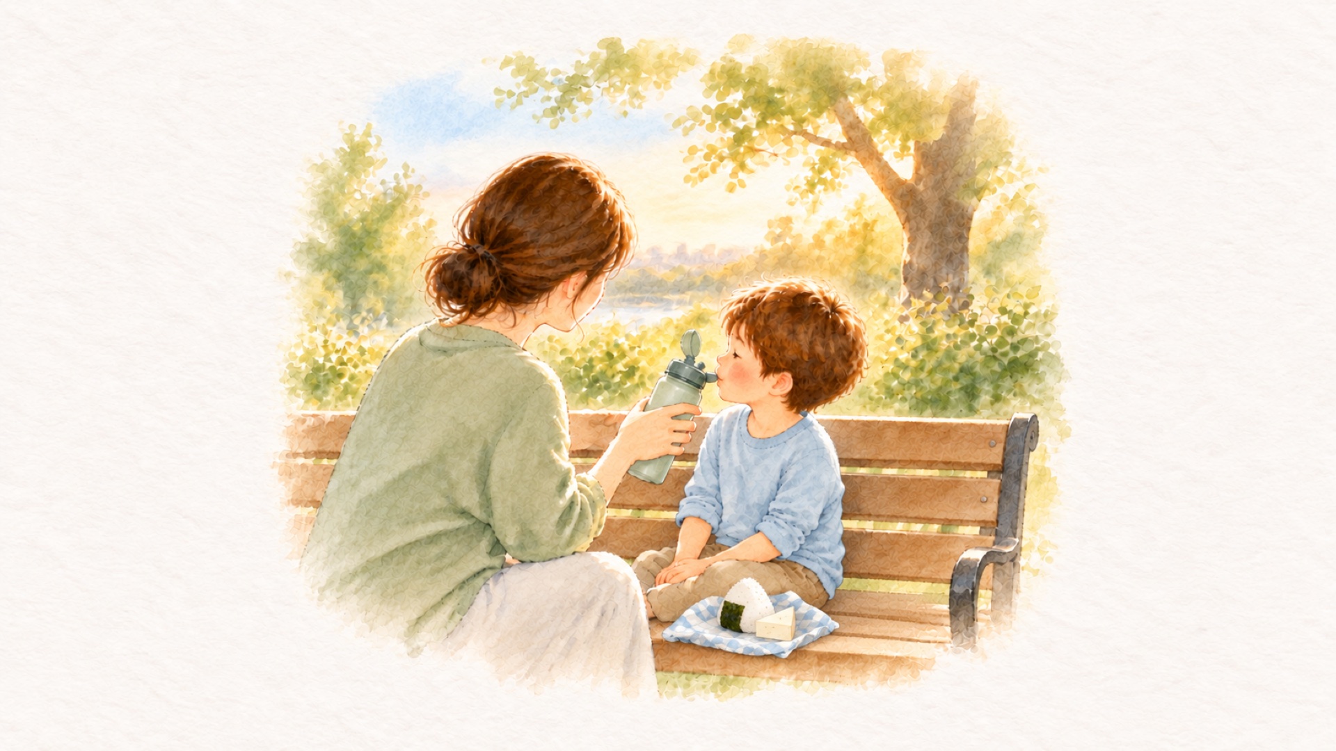 夕方の公園のベンチで、ひと休みする子どもに大人が水筒を差し出している