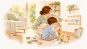 切り替えができない子に。積み木に夢中な子のそばで、母が目線を合わせて次の予定の絵カードを指さしている