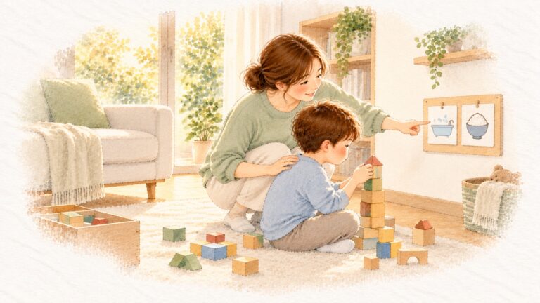 切り替えができない子に。積み木に夢中な子のそばで、母が目線を合わせて次の予定の絵カードを指さしている