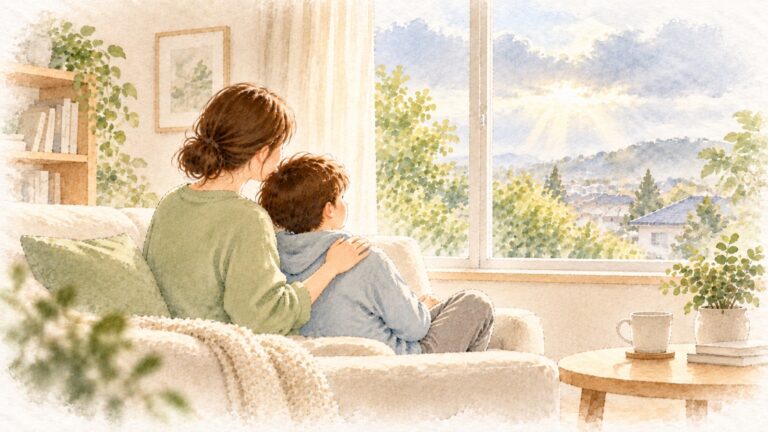 窓辺のソファで、母親が子どもの背中に手を添え、二人で雲間から差す光を眺めている水彩画