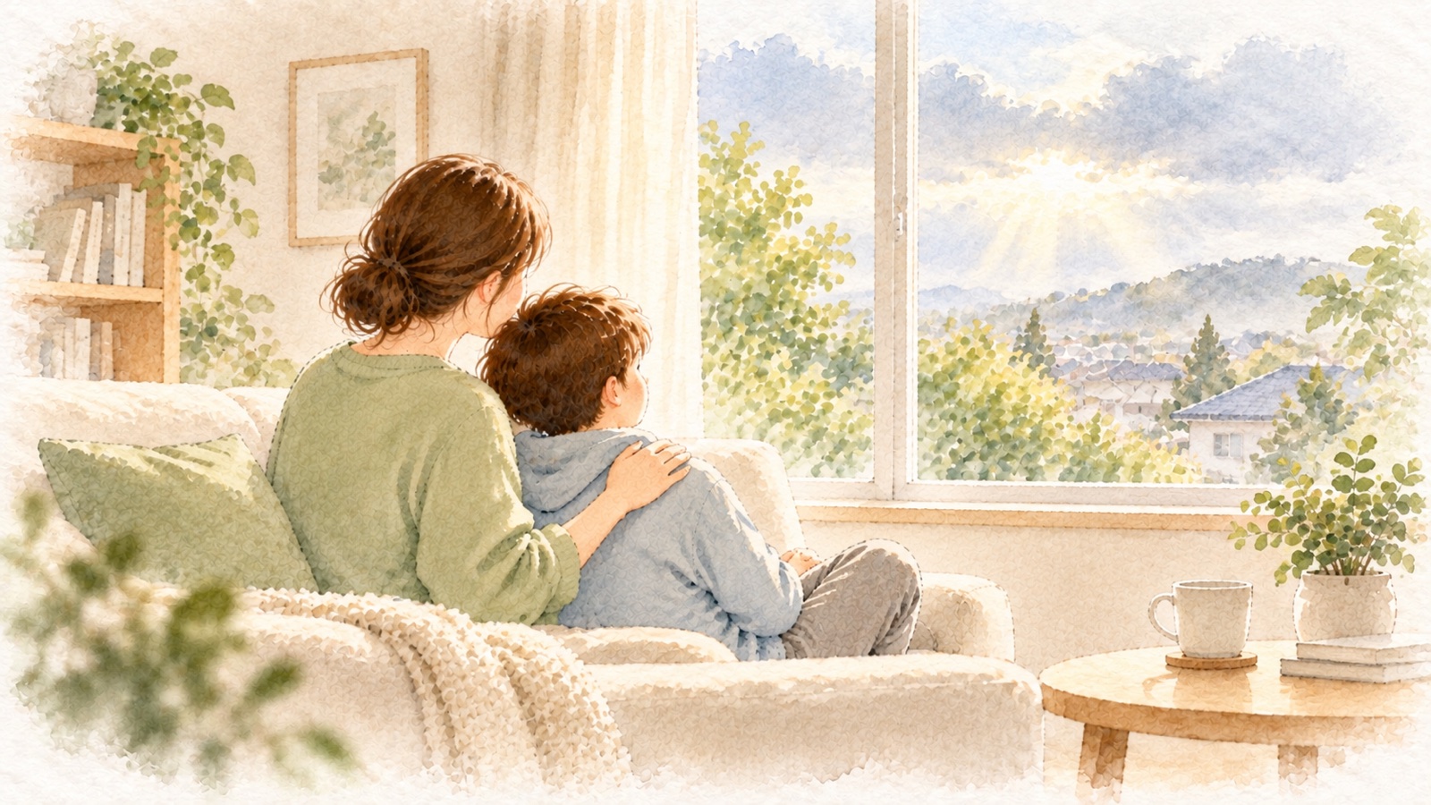 窓辺のソファで、母親が子どもの背中に手を添え、二人で雲間から差す光を眺めている水彩画