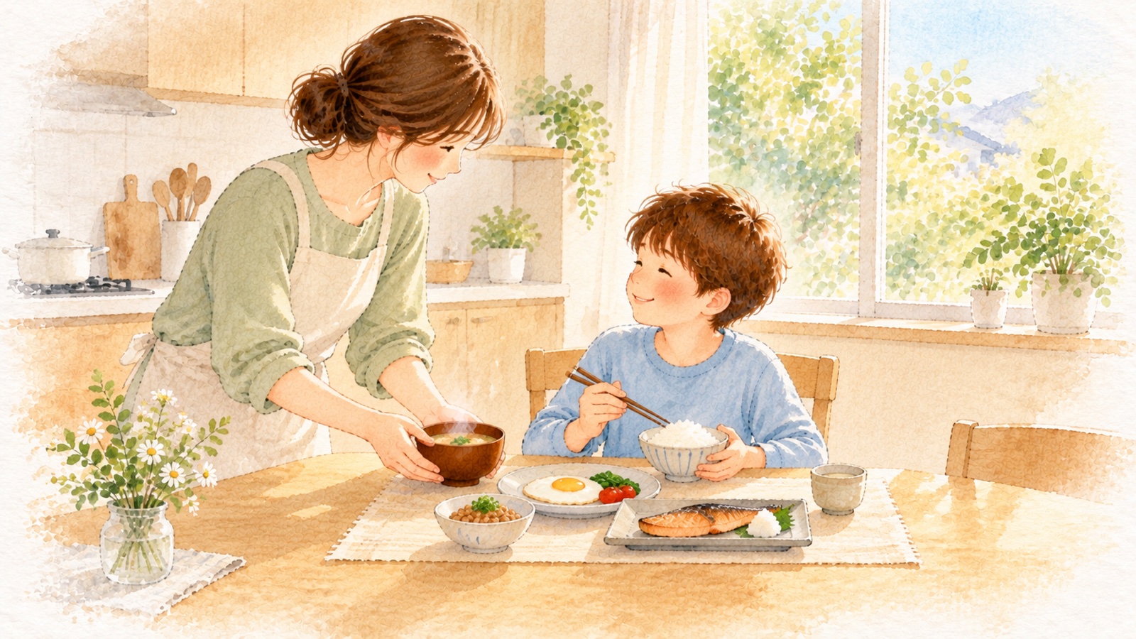 朝の食卓で、母親がみそ汁を置き、子どもがごはん・卵・納豆・焼き魚の朝ごはんを前に笑っている水彩画