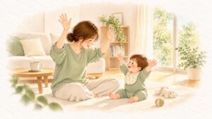 リビングの床で、母親が両手を上げて笑い、向かいに座った赤ちゃんもまねをして両手を上げている水彩画