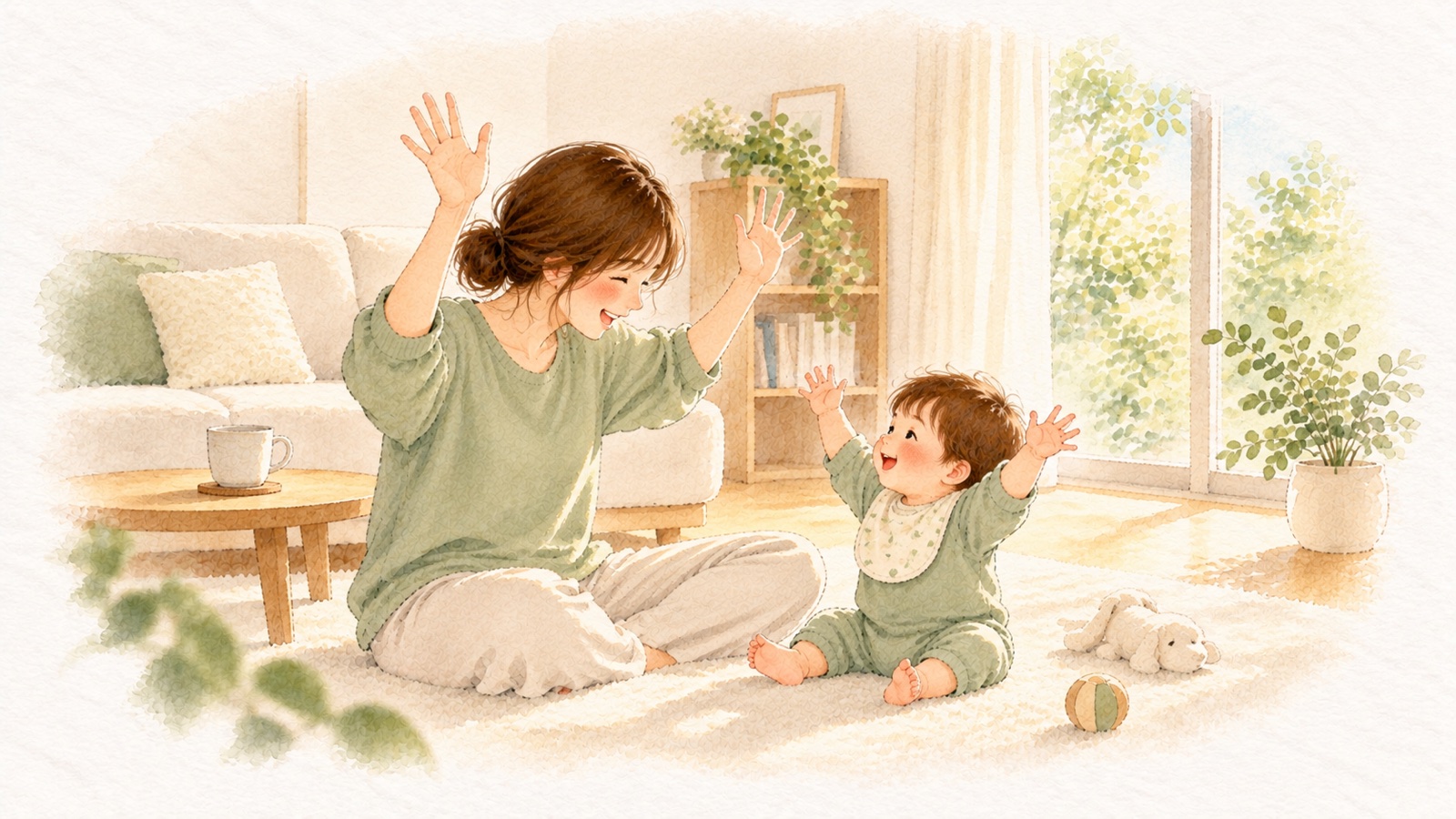 リビングの床で、母親が両手を上げて笑い、向かいに座った赤ちゃんもまねをして両手を上げている水彩画