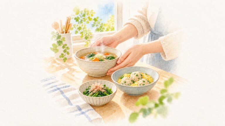 台所で、汁物・刻んだおかず・かつお節の小鉢を整える大人の手