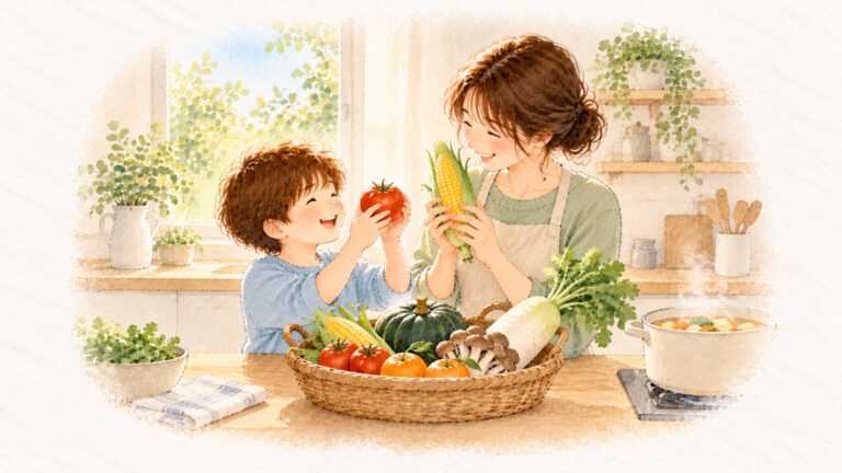台所で母と小学生の子が、トマトやとうもろこし、かぼちゃ、大根など季節の野菜を手に取って笑っている