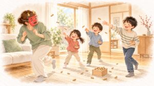鬼のお面をかぶった母が逃げるふりをし、3人の子どもが笑いながら落花生を投げている豆まき