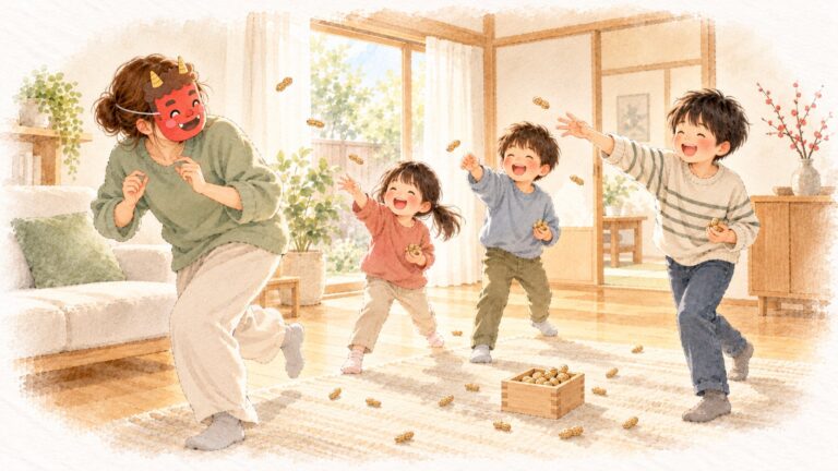 鬼のお面をかぶった母が逃げるふりをし、3人の子どもが笑いながら落花生を投げている豆まき