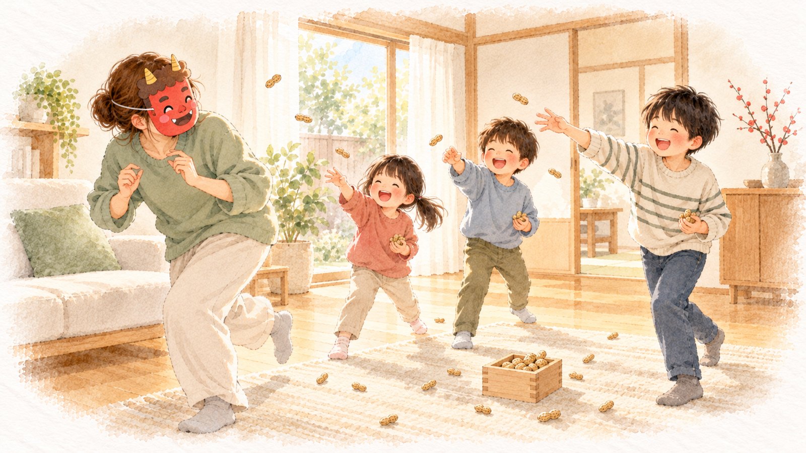 鬼のお面をかぶった母が逃げるふりをし、3人の子どもが笑いながら落花生を投げている豆まき