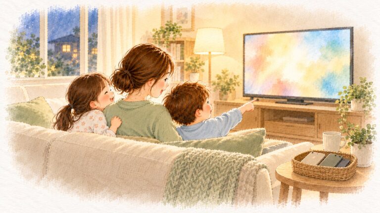 夜のリビングで、母と2人の子がソファに寄り添い、1つのテレビ画面を一緒に見て笑っている。スマホはかごの中