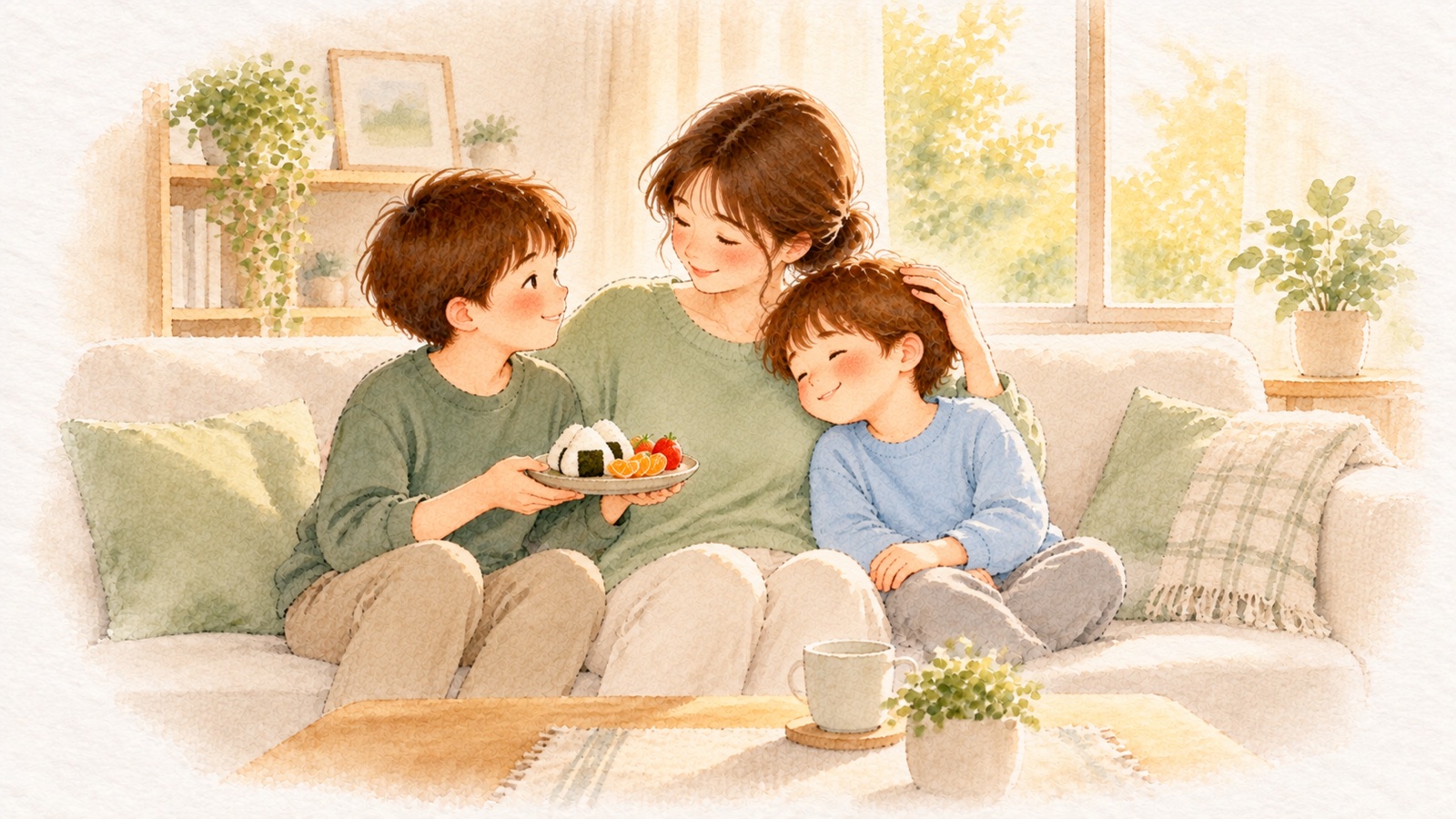兄弟喧嘩のあと、仲直りしたきょうだいと母がソファで並んでおにぎりと果物を食べている