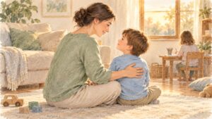床に座って、子どもと目を合わせながら背中に手のひらを当てているお母さん