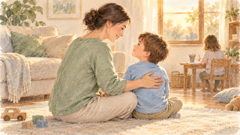 床に座って、子どもと目を合わせながら背中に手のひらを当てているお母さん
