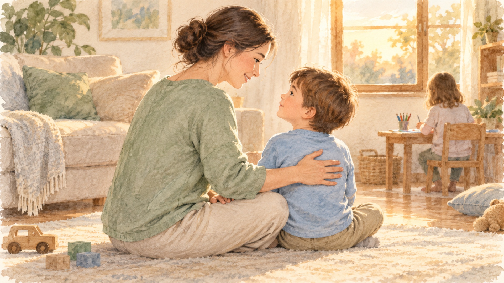 床に座って、子どもと目を合わせながら背中に手のひらを当てているお母さん