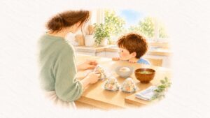 大人の手が小さな具だくさんおにぎりを包み、子どもがカウンター越しにのぞいている