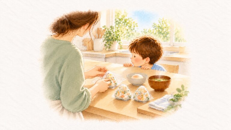 大人の手が小さな具だくさんおにぎりを包み、子どもがカウンター越しにのぞいている