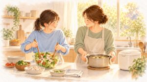 中学生のダイエットは減らさず整える。娘と母が台所で、サラダとお味噌汁を一緒につくっている