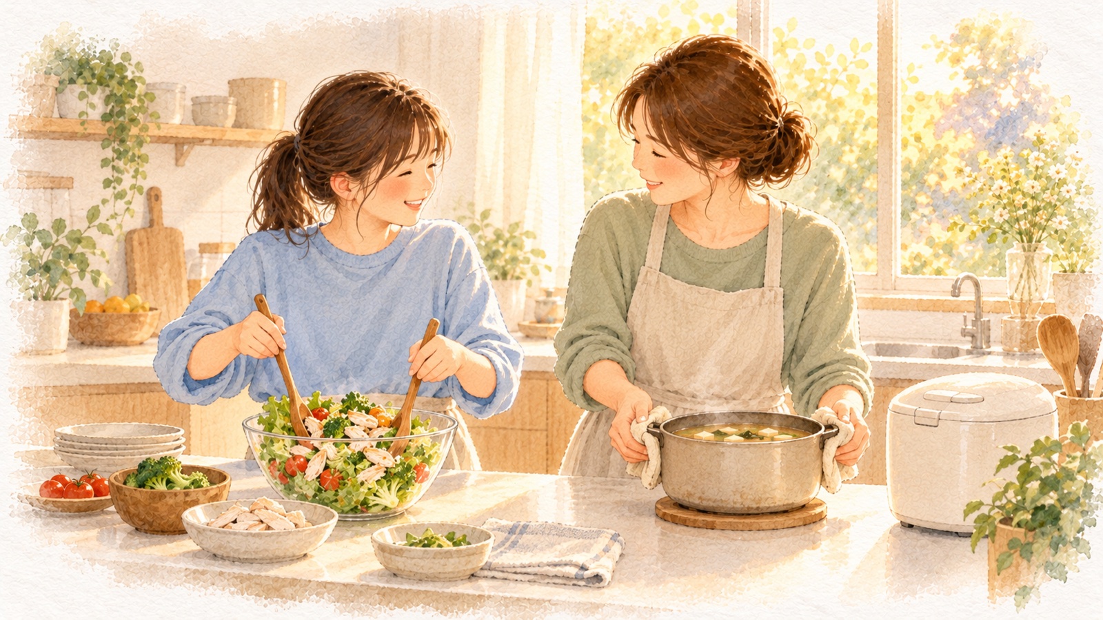 中学生のダイエットは減らさず整える。娘と母が台所で、サラダとお味噌汁を一緒につくっている