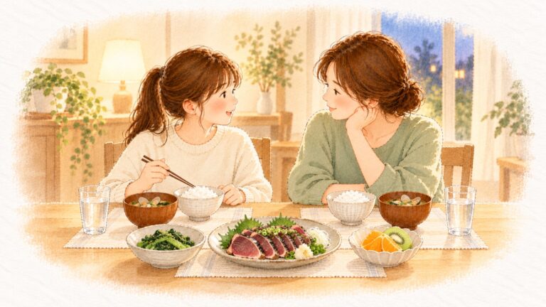 中学生女子の貧血を食べ物で防ぐ。娘と母が、かつおと青菜の夕ごはんを囲んでいる