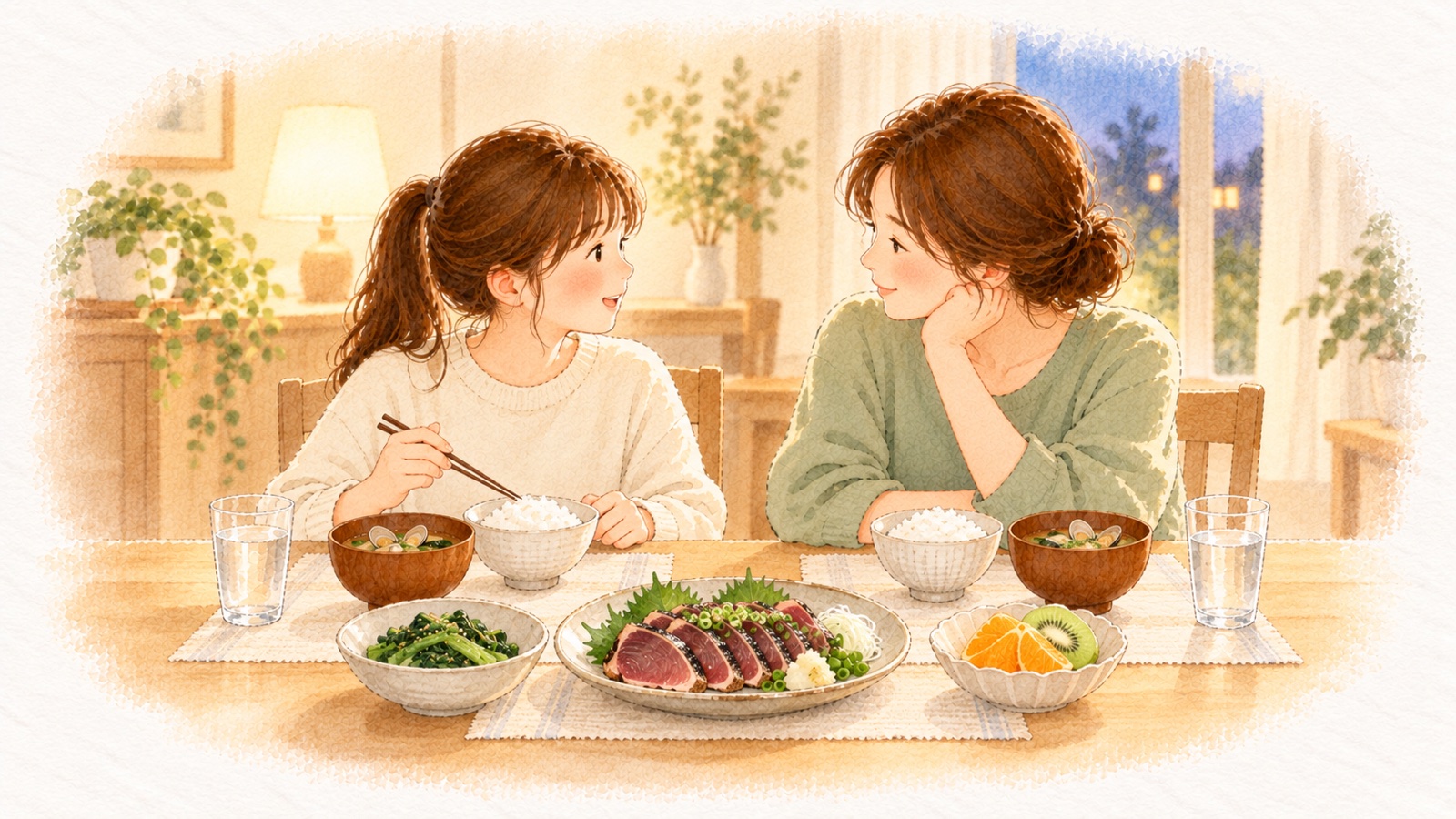中学生女子の貧血を食べ物で防ぐ。娘と母が、かつおと青菜の夕ごはんを囲んでいる