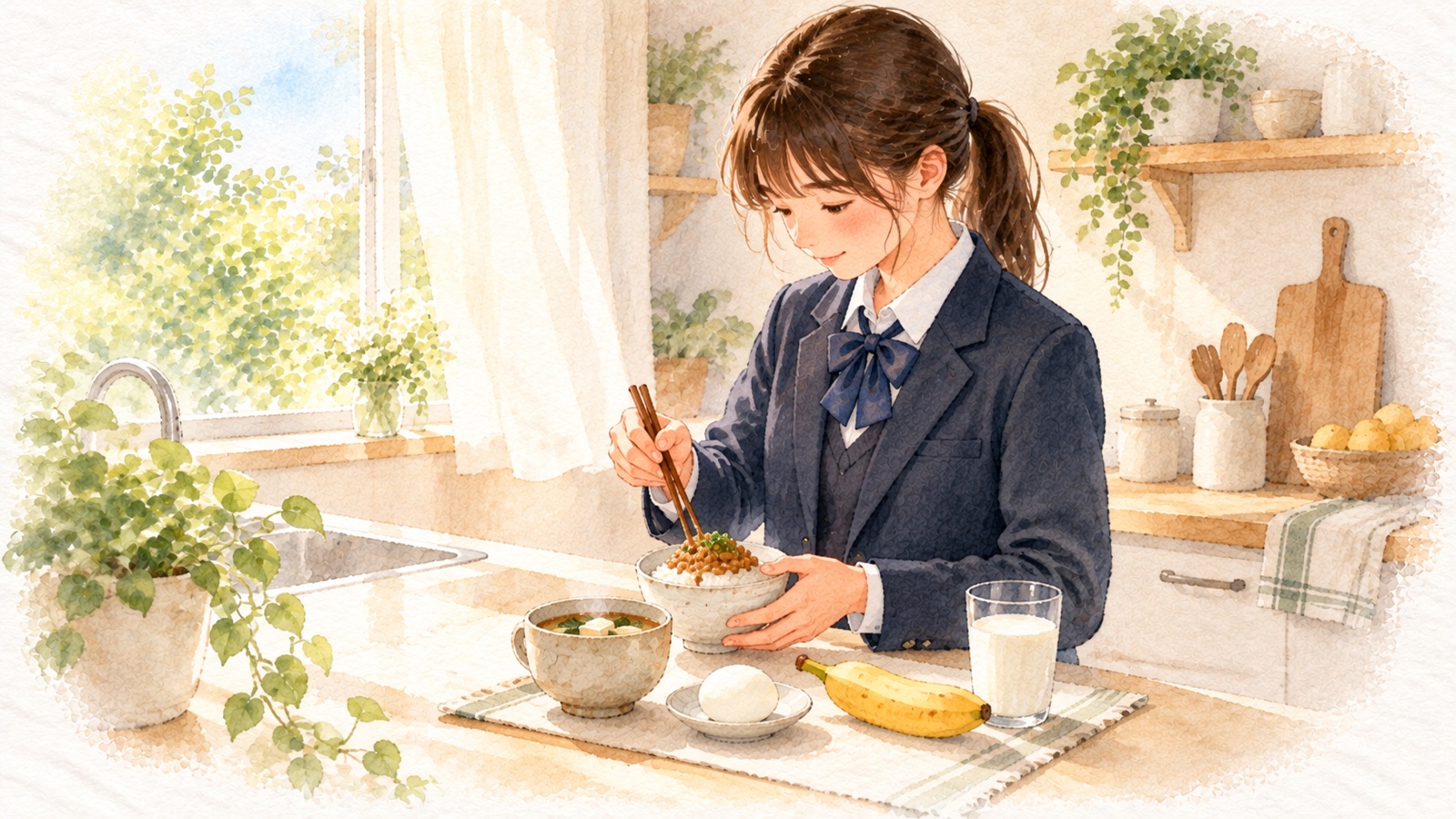 中学生の朝ごはん。朝の光が入る台所で、制服の中学生が納豆ごはんとお味噌汁とゆで卵を自分で用意している