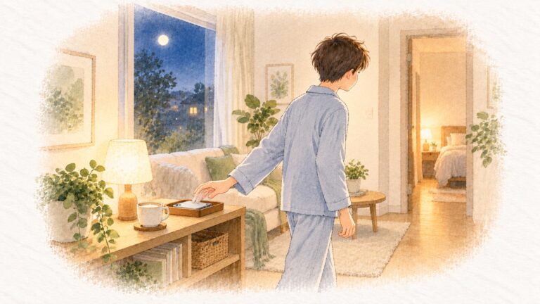 中学生の睡眠時間を守るために、夜、リビングの充電場所にスマホを置いて部屋へ向かう中学生