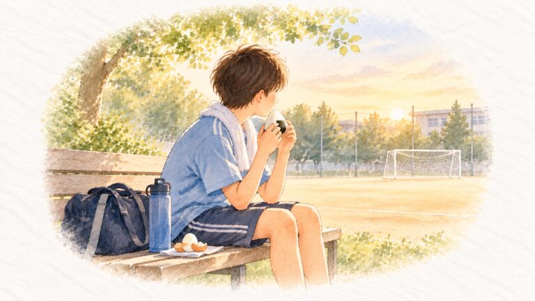 部活の帰りに、おにぎりで補食をとる中学生