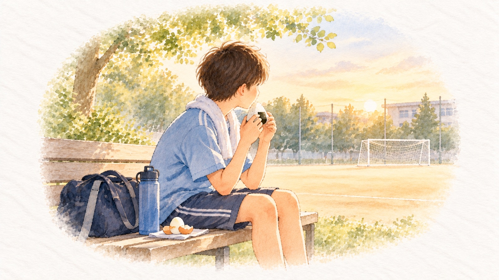部活の帰りに、おにぎりで補食をとる中学生