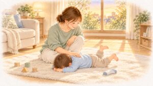 床で「イヤ！」と寝転ぶ2歳の子の背中に、そっと手を当てるお母さん