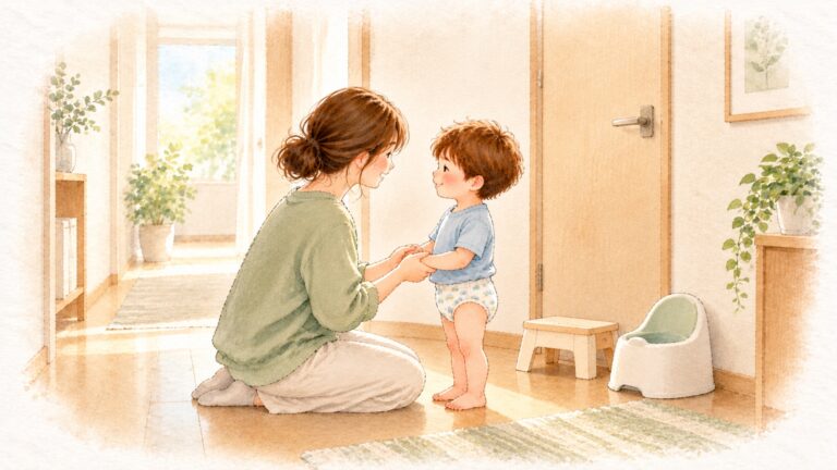 廊下で母親がひざをつき、トレーニングパンツの幼い子と手をつないで笑いかけている水彩画