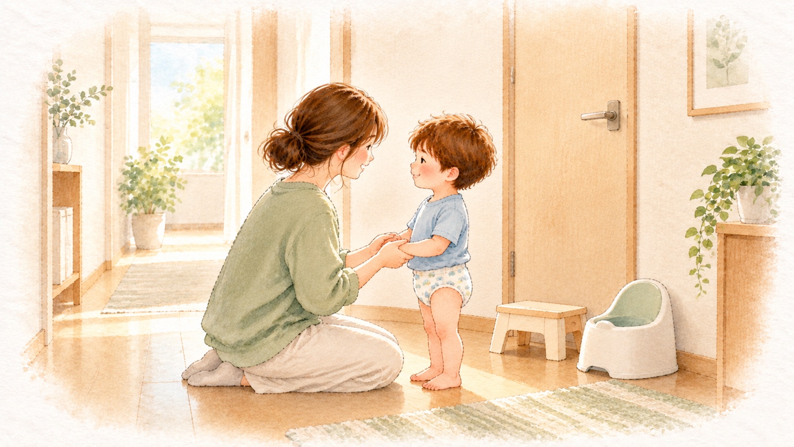 廊下で母親がひざをつき、トレーニングパンツの幼い子と手をつないで笑いかけている水彩画