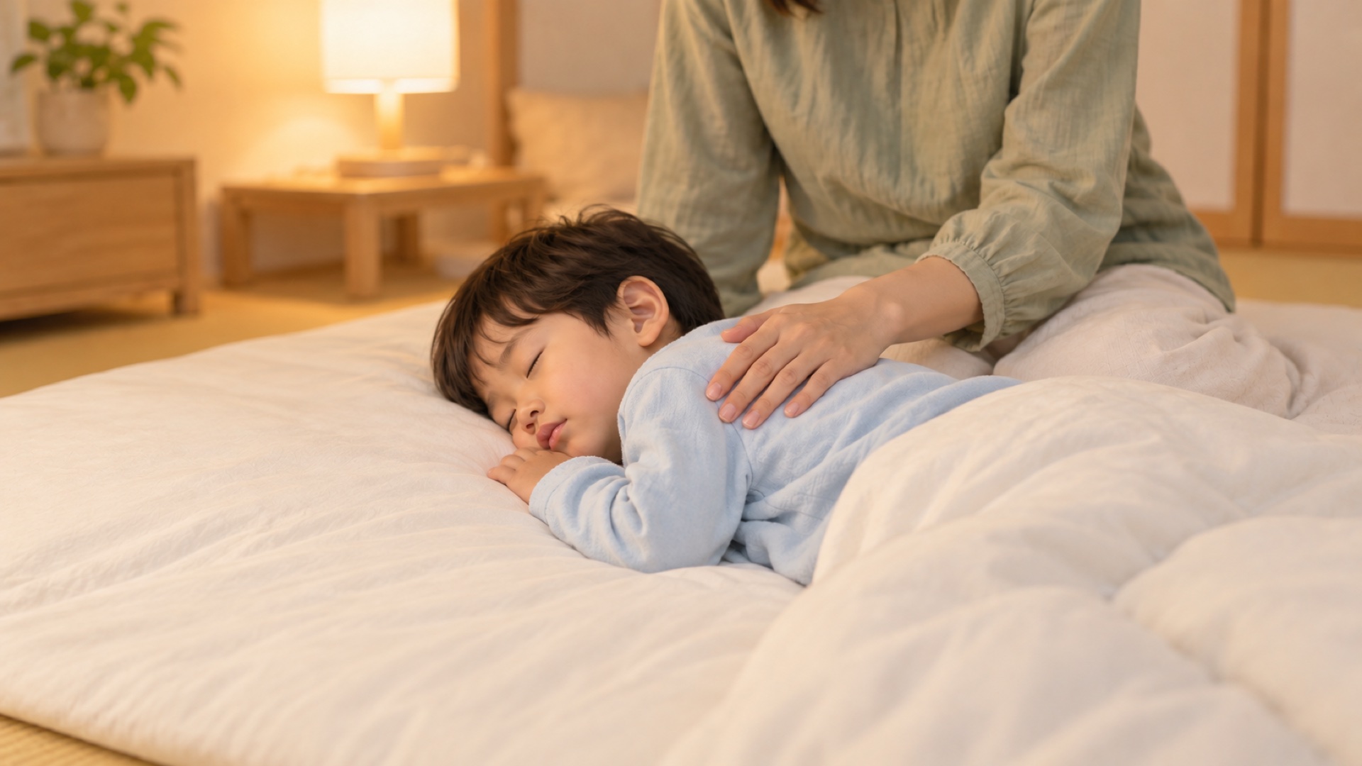 寝る前、布団で横向きに眠る小さな子の背中に、母がそっと手のひらを当てている